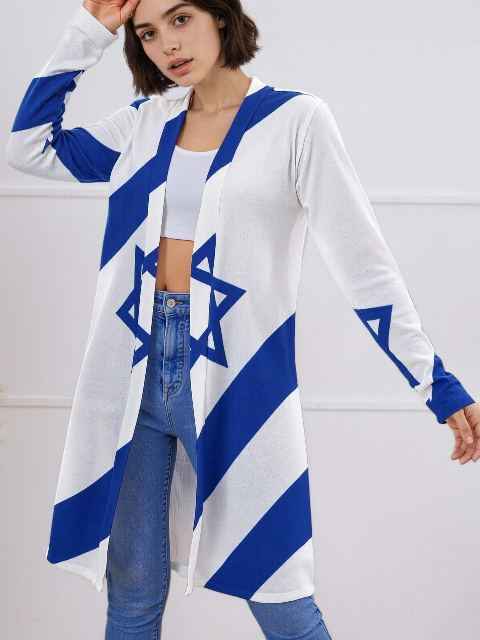 S-2Xl Israelian Flag Of Israel Open Front Cardigans Women Printing Long Sleeve Lightweight Midi Duster Cardigan
