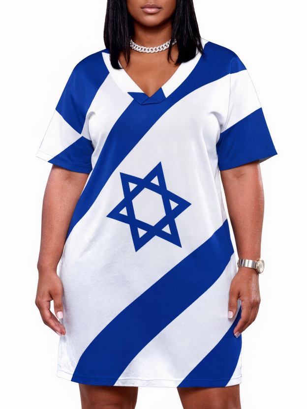 Israelian Flag Of Israel Print Beach Boho Above Knee Length Tunic Dress Women Plus Size V Neck Midi Dress With Pockets