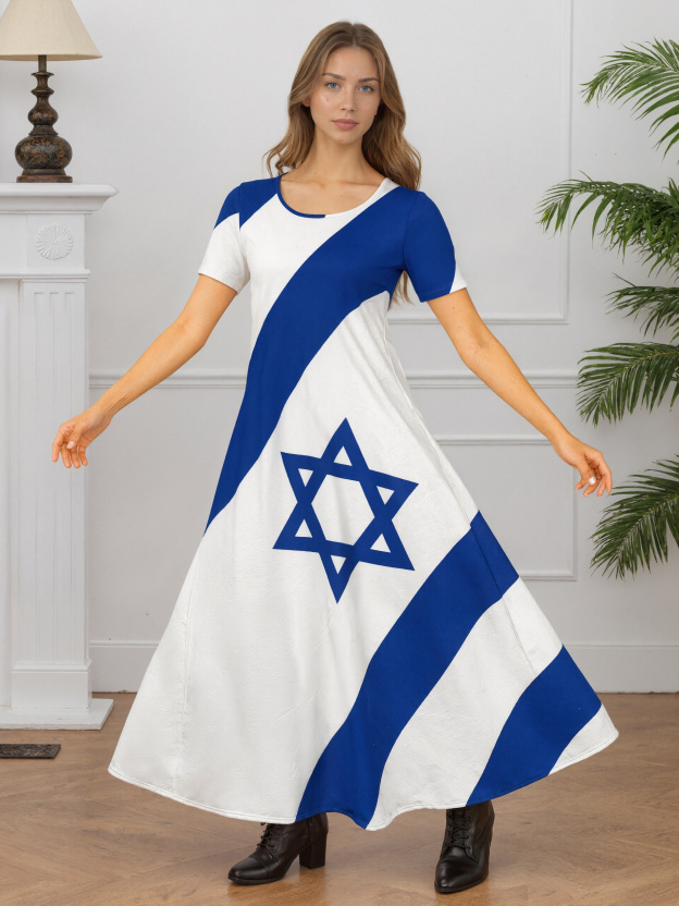 Israelian Flag Of Israel Women Casual Short Sleeve Loose Plain Maxi Dresses Summer Boho Beach Long Maxi Tunic Dresses