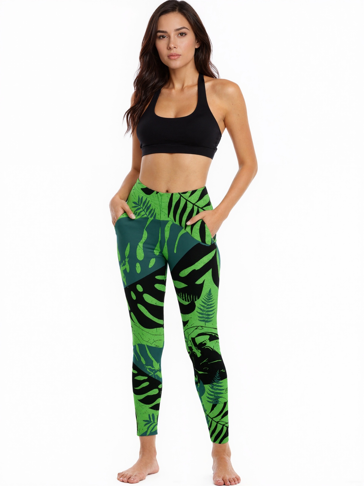 Jurassic World Green Black Jungle Printed Womens High Waist Workout Leggings Wide Waistband Sports Thin Fit Gym Yoga Pants