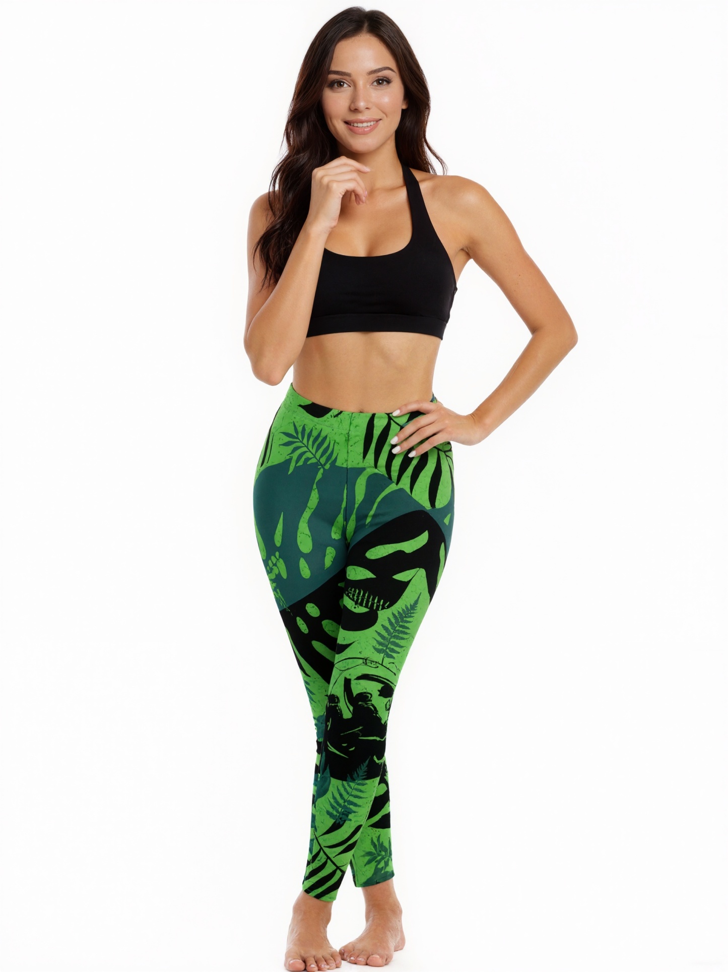 Jurassic World Green Black Jungle Printed Womens High Waist Workout Leggings Wide Waistband Sports Thin Fit Gym Yoga Pants