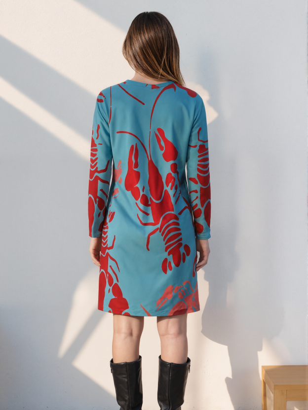 Lobster Bake Or Crawfish Boil Retro Plus Size Tunic Dress For Women Long Sleeve Swing T-Shirt Dresses Loose Fit Flowy Clothing