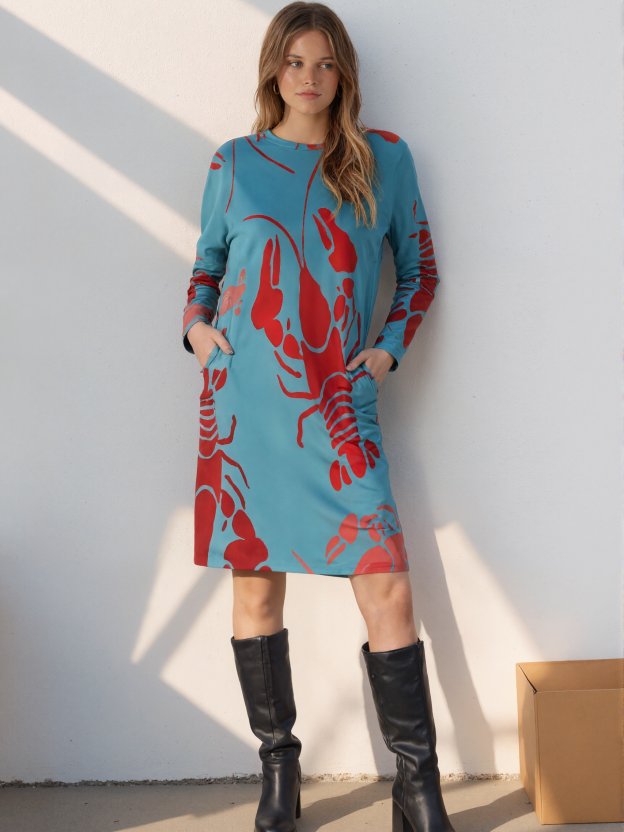 Lobster Bake Or Crawfish Boil Retro Plus Size Tunic Dress For Women Long Sleeve Swing T-Shirt Dresses Loose Fit Flowy Clothing