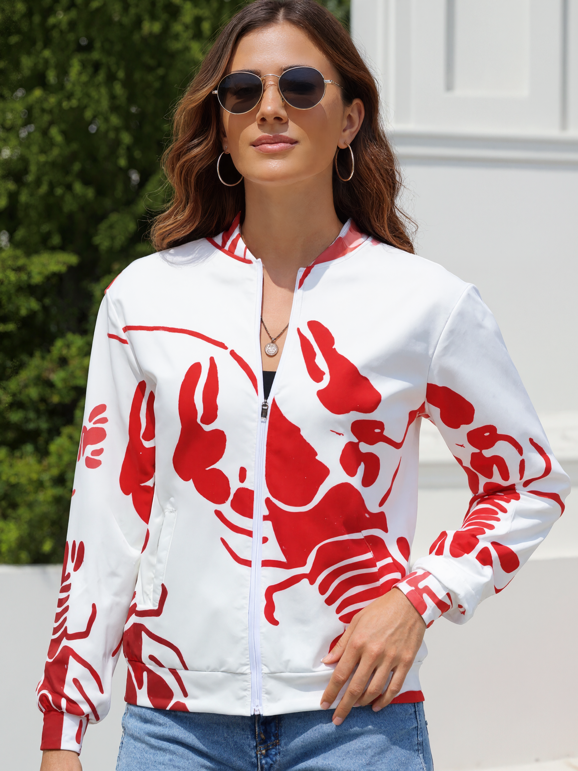 Lobster Bake Or Crawfish Boil Retro Women boyfriend Zip Up Bomber Jacket Long Sleeve Open Front Cardigan Tops