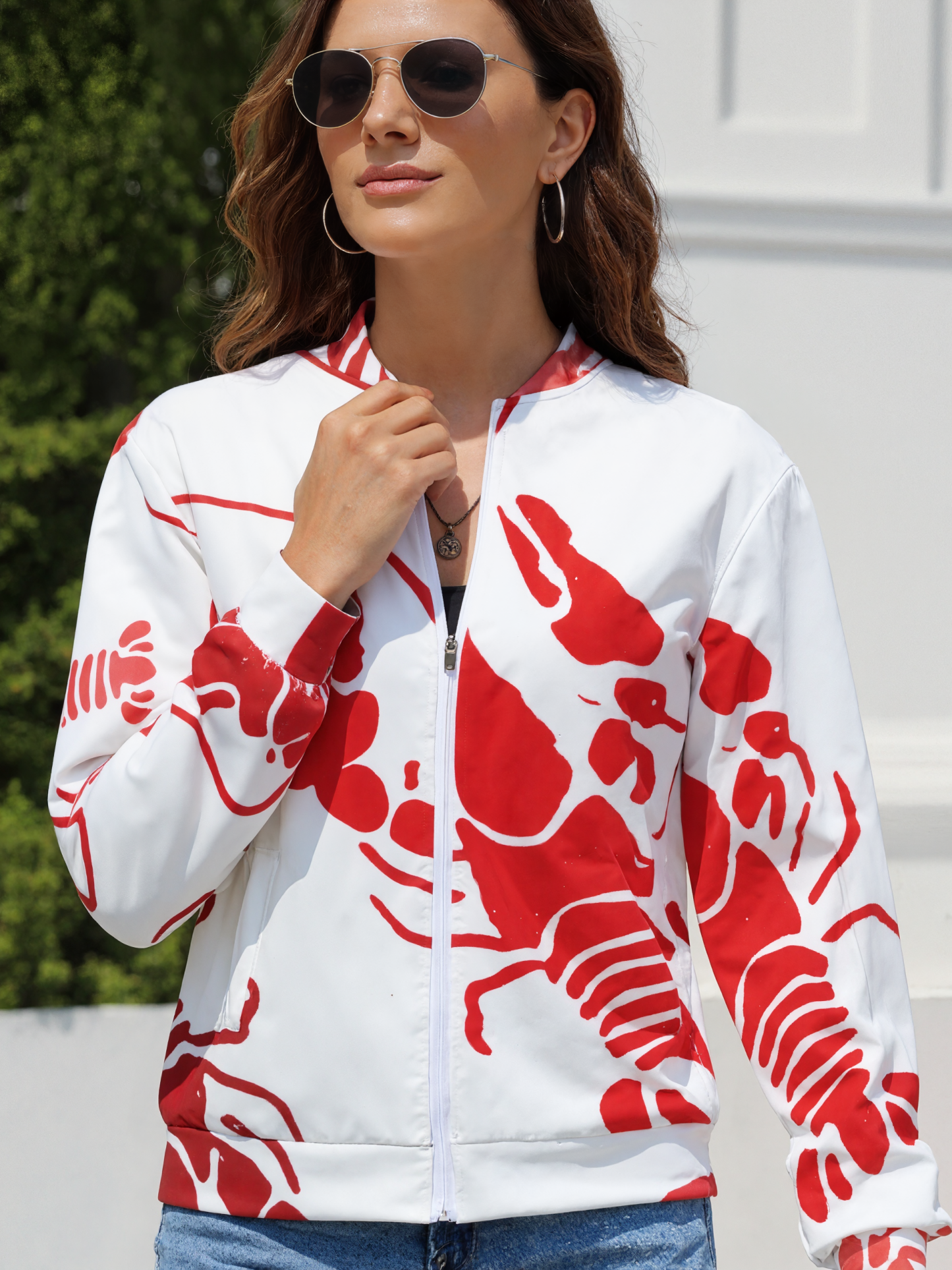 Lobster Bake Or Crawfish Boil Retro Women boyfriend Zip Up Bomber Jacket Long Sleeve Open Front Cardigan Tops
