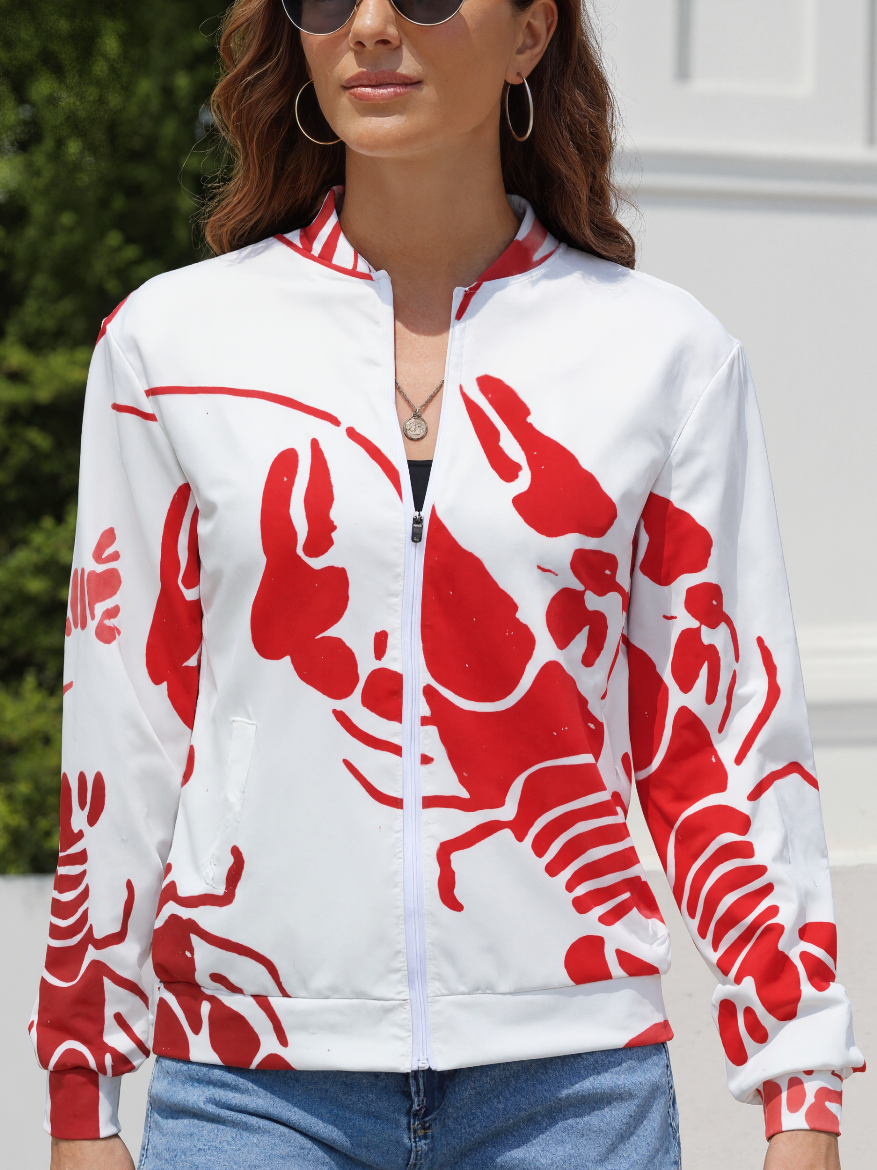 Lobster Bake Or Crawfish Boil Retro Women boyfriend Zip Up Bomber Jacket Long Sleeve Open Front Cardigan Tops