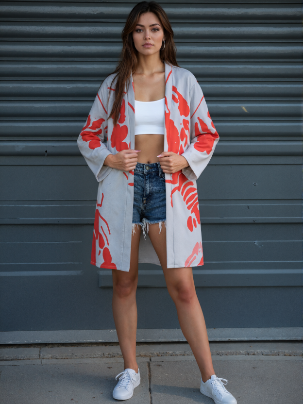 Women Lobster Bake Or Crawfish Boil Retro Open Front Cardigans Long Sleeve Lightweight Midi Duster Cardigan