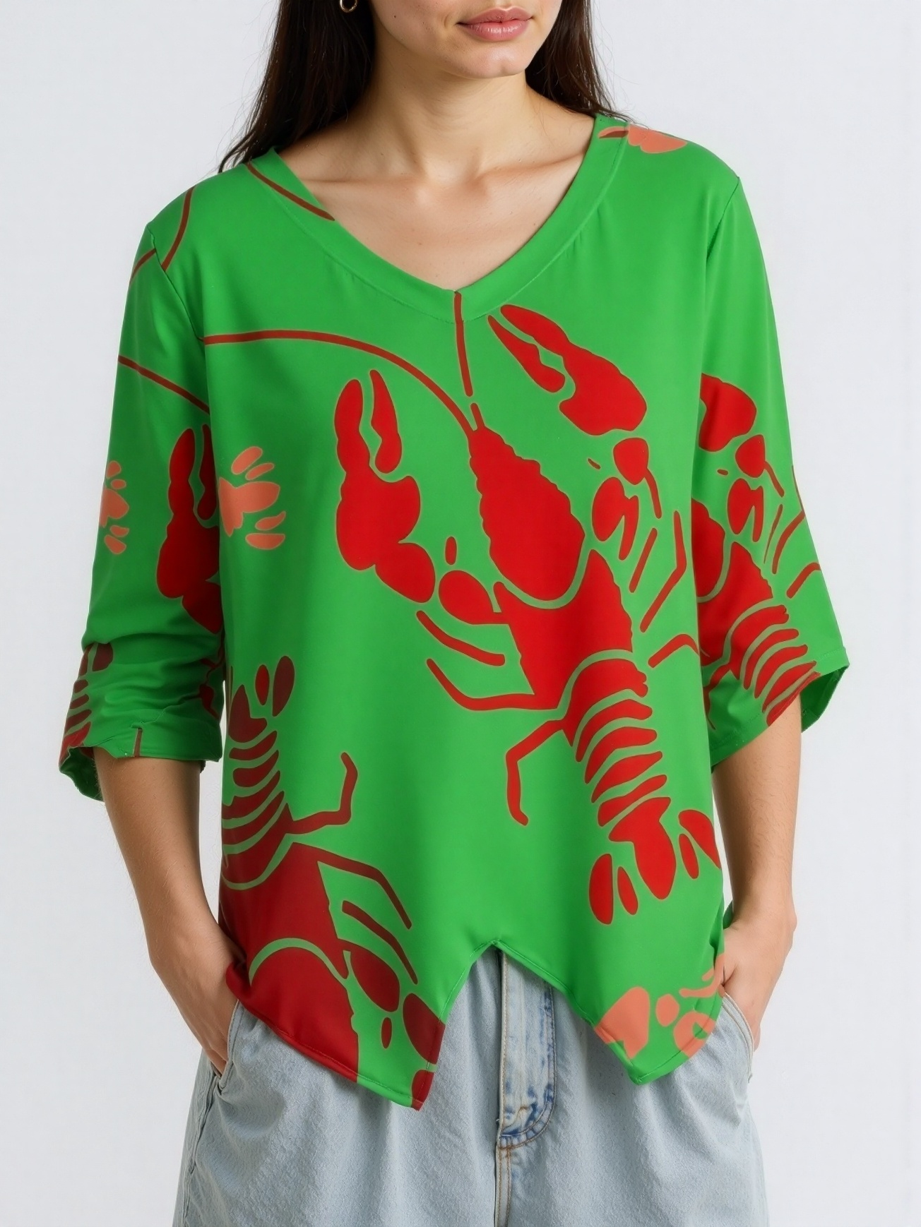 Lobster Bake Or Crawfish Boil Retro Hippie Sunscreen 3/4 Sleeve V Neck Chiffon Shirt Blouse Women Loose Flowy Work Top