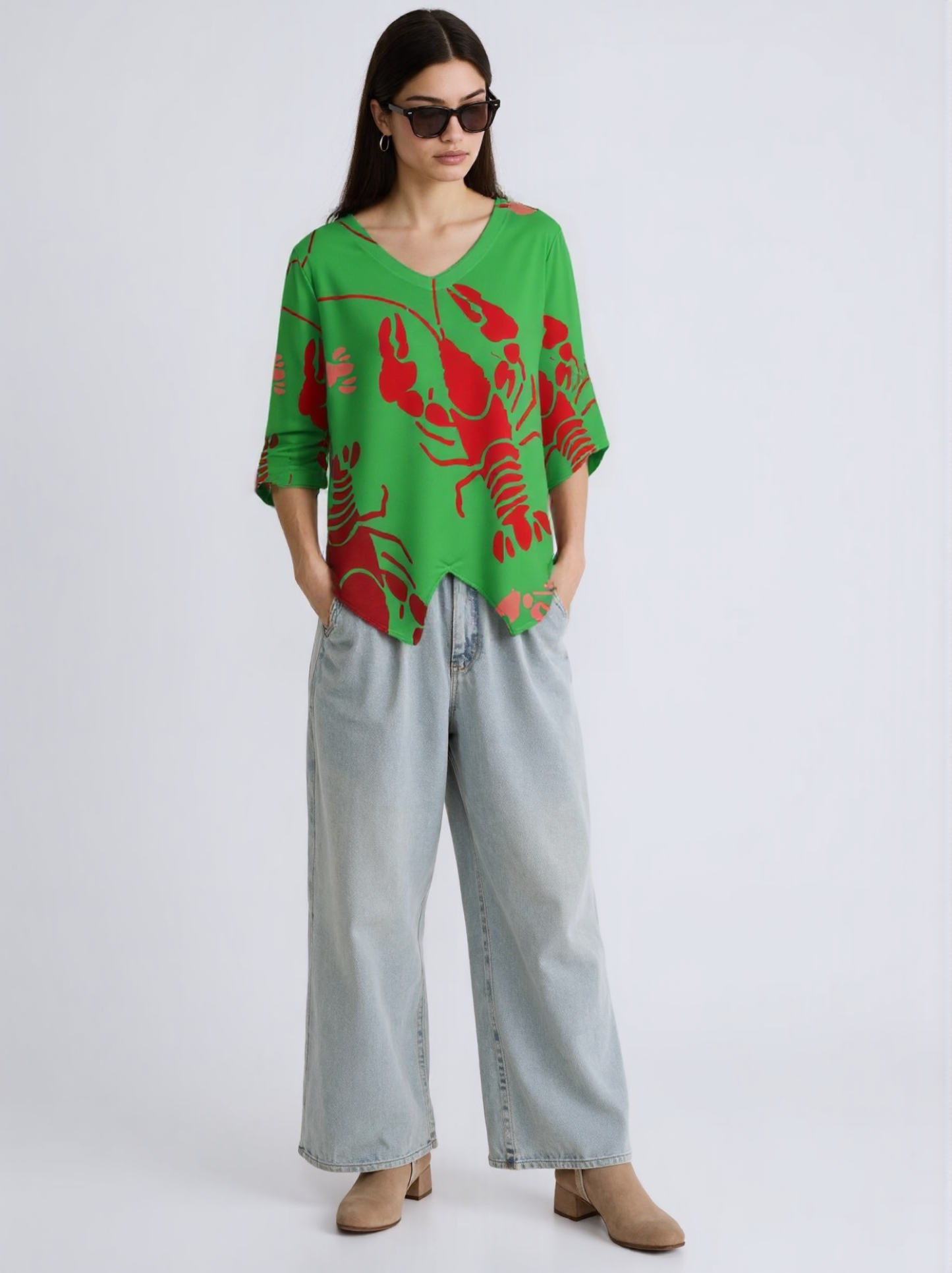 Lobster Bake Or Crawfish Boil Retro Hippie Sunscreen 3/4 Sleeve V Neck Chiffon Shirt Blouse Women Loose Flowy Work Top