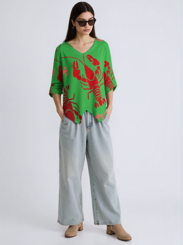 Lobster Bake Or Crawfish Boil Retro Hippie Sunscreen 3/4 Sleeve V Neck Chiffon Shirt Blouse Women Loose Flowy Work Top