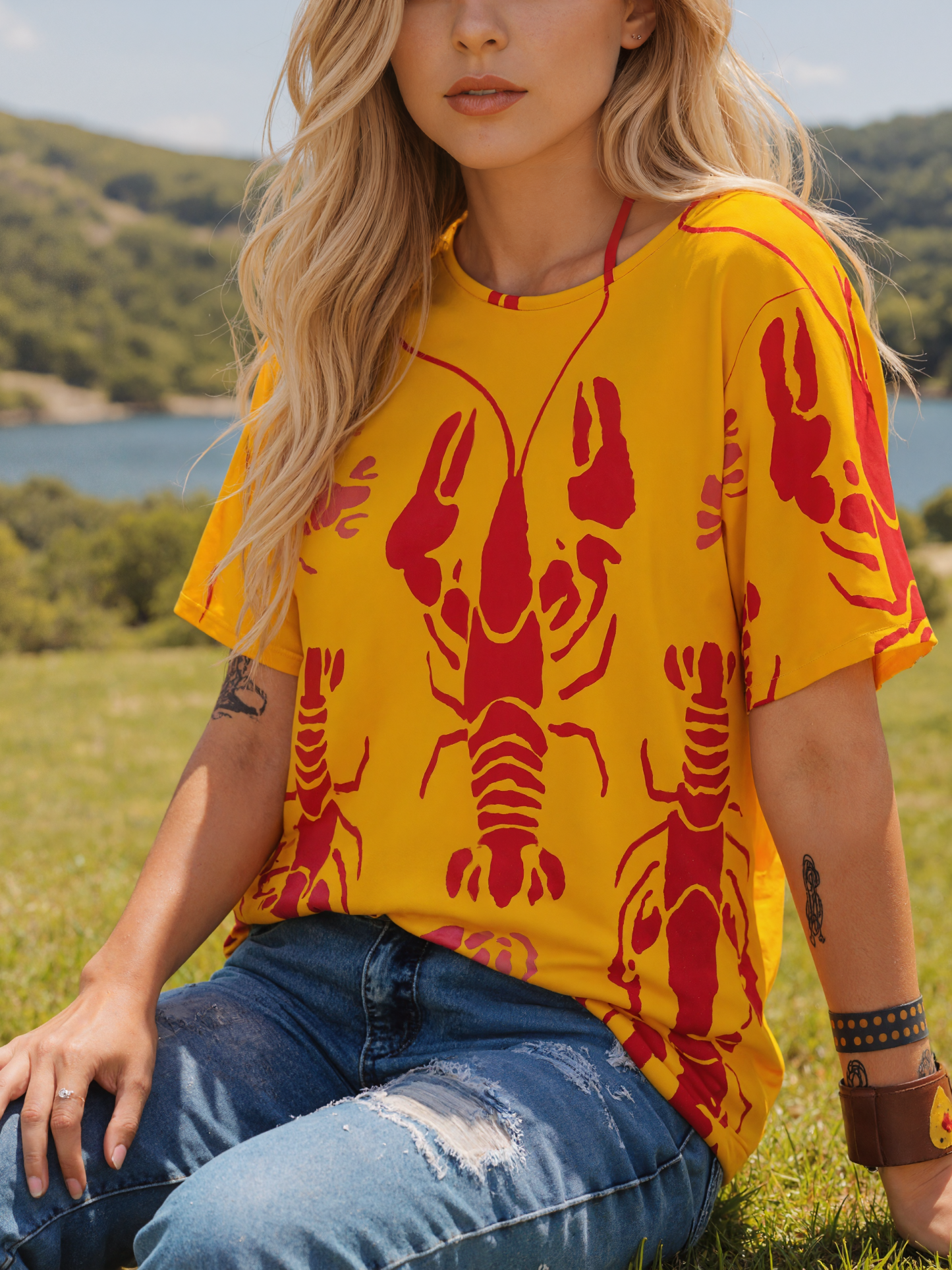 Lobster Bake Or Crawfish Boil Retro 3/4 Bell Sleeve T-Shirt Elbow Length Basic Tunics Tops for Women