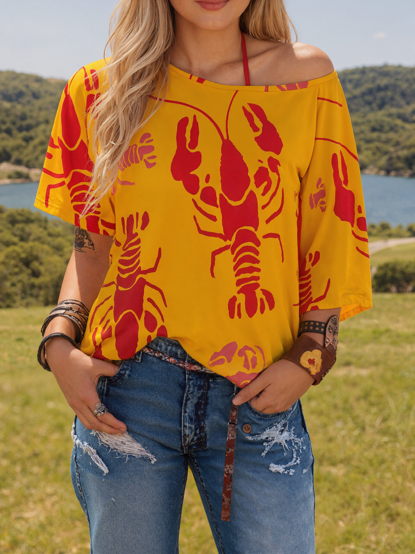 Lobster Bake Or Crawfish Boil Retro 3/4 Bell Sleeve T-Shirt Elbow Length Basic Tunics Tops for Women