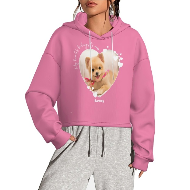 Women Pink Custom My Heart Belongs to Dog Lover Cropped Top Pet Photo Hoodie Personalized Your Name