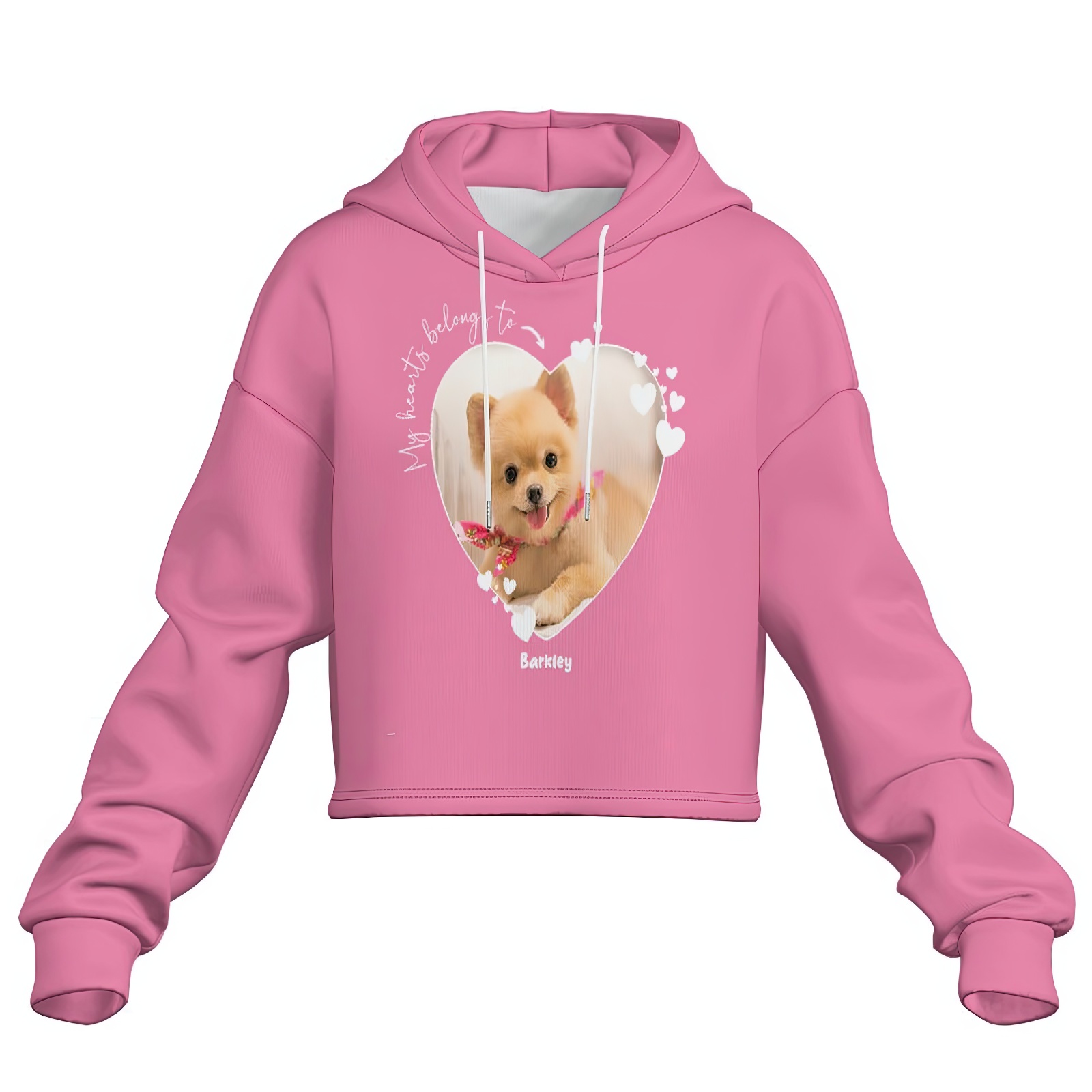 Women Pink Custom My Heart Belongs to Dog Lover Cropped Top Pet Photo Hoodie Personalized Your Name