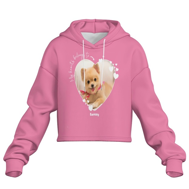 Women Pink Custom My Heart Belongs to Dog Lover Cropped Top Pet Photo Hoodie Personalized Your Name