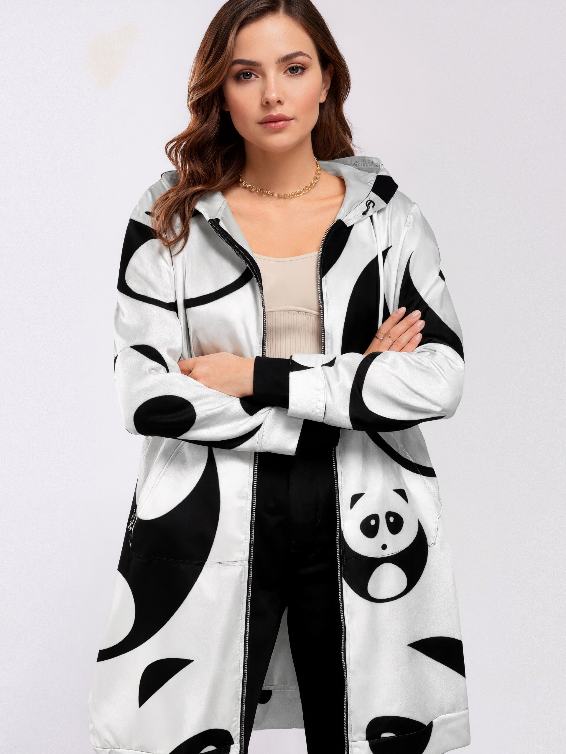 Kawaii Black And White Panda Zip Up Long Hoodie Jacket Coat Women Tunic Sweatshirt Plus Size Open Front Cardigan Outfits