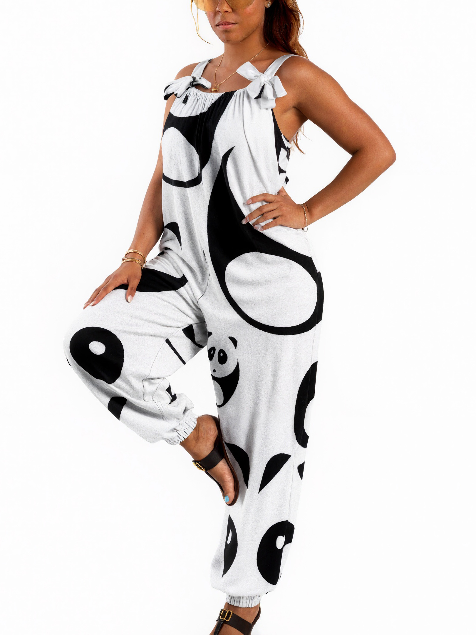 Women Kawaii Black And White Panda Print Loose Fit Baggy Harem Overall Jumpsuit Tie Spaghetti Strap Long Pants Rompers