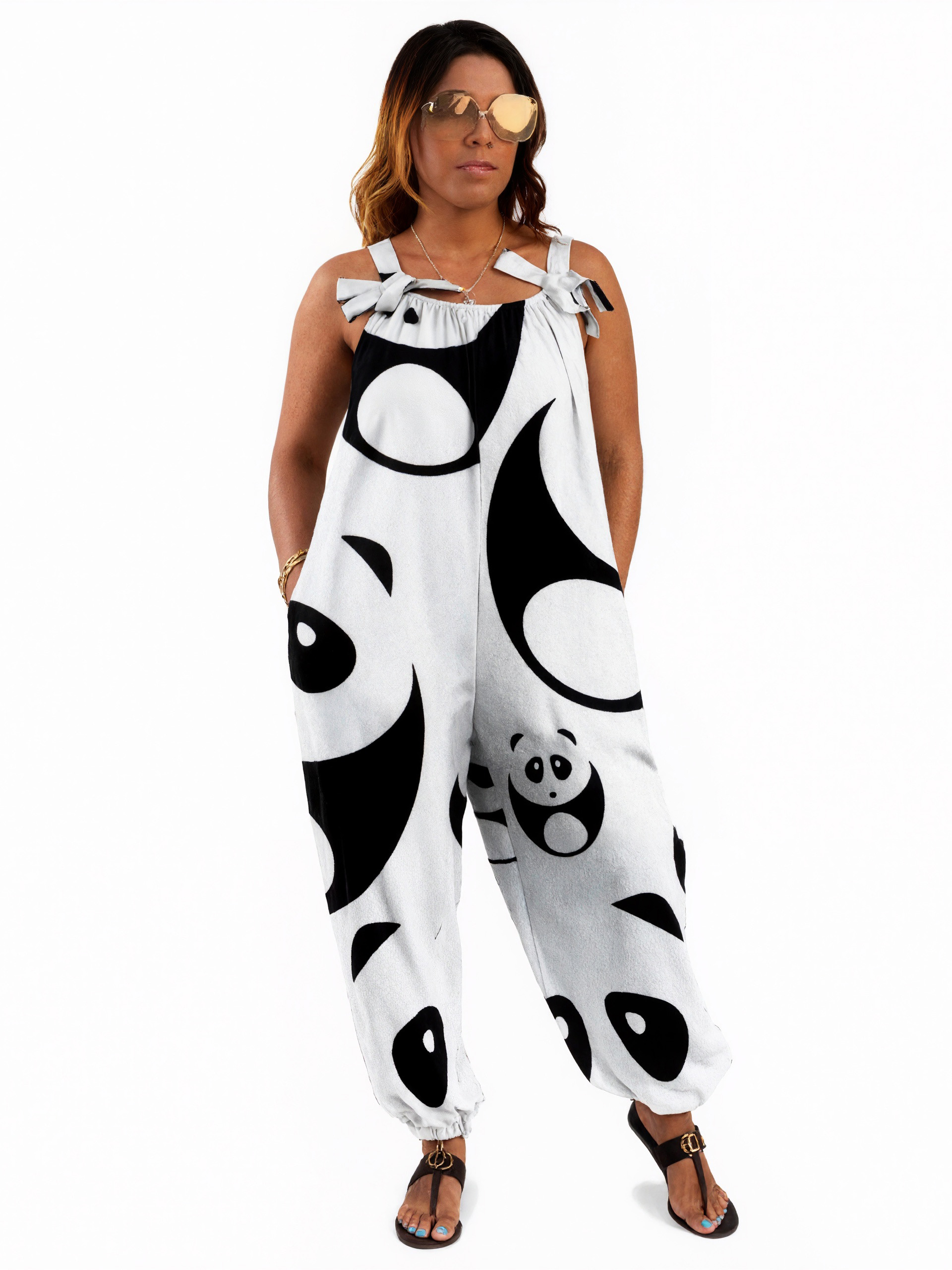 Women Kawaii Black And White Panda Print Loose Fit Baggy Harem Overall Jumpsuit Tie Spaghetti Strap Long Pants Rompers