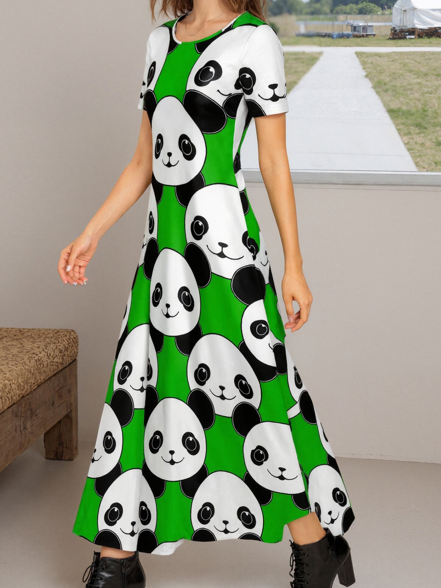 Kawaii Panda Bear Women Casual Short Sleeve Loose Plain Maxi Dresses Summer Boho Beach Long Maxi Tunic Dresses