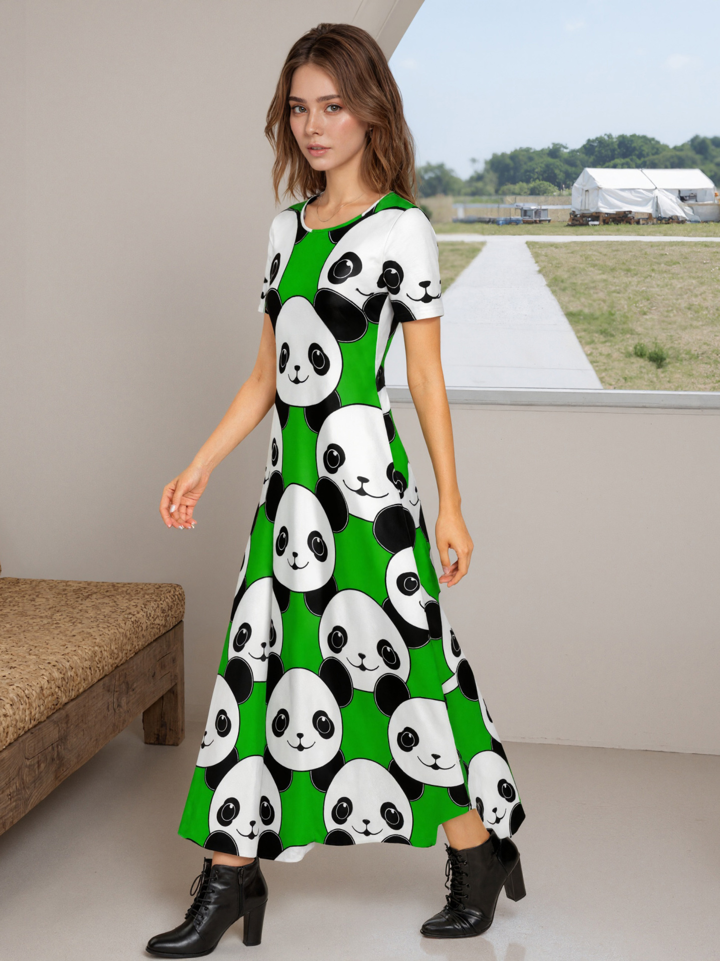 Kawaii Panda Bear Women Casual Short Sleeve Loose Plain Maxi Dresses Summer Boho Beach Long Maxi Tunic Dresses