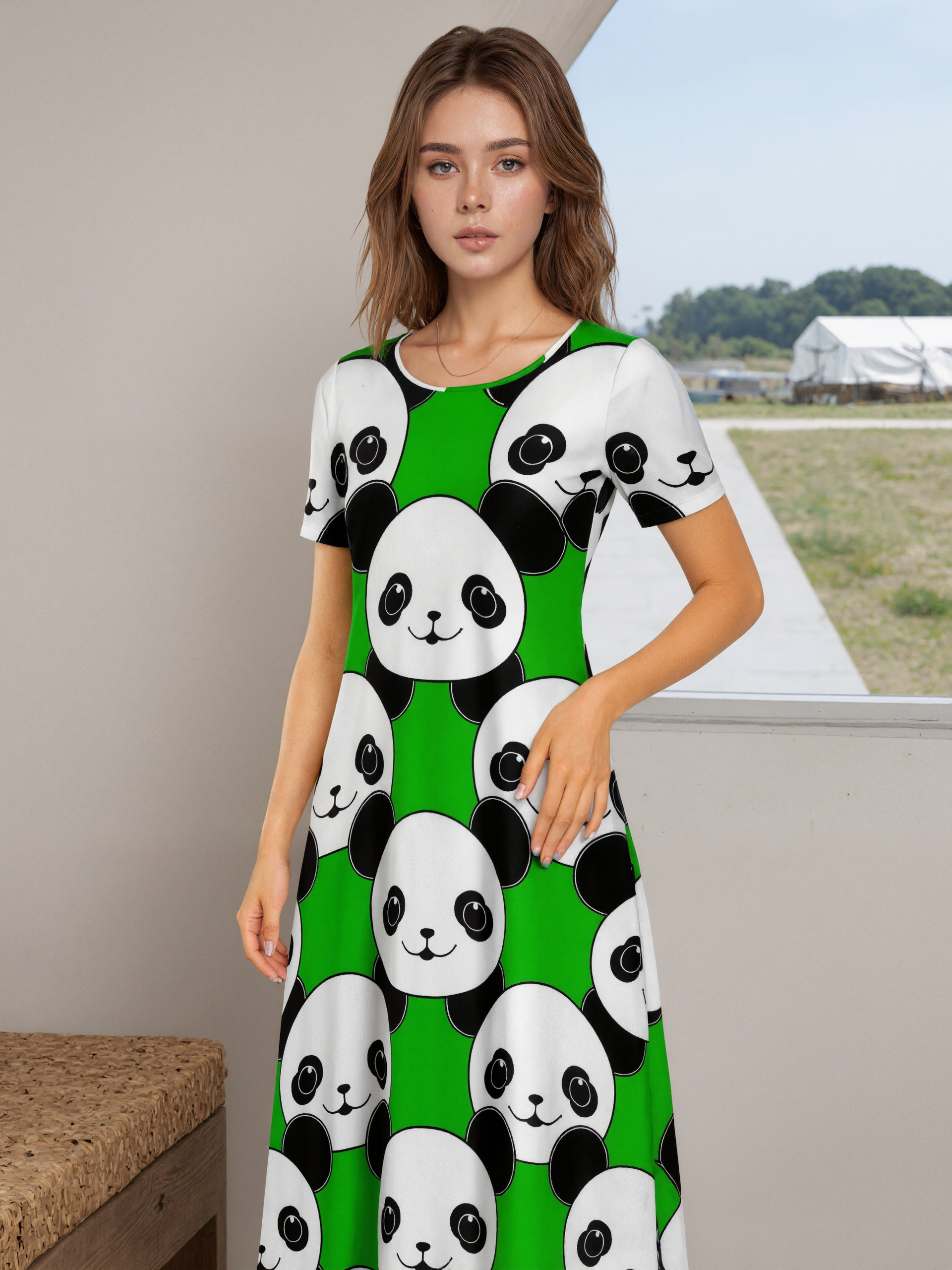Kawaii Panda Bear Women Casual Short Sleeve Loose Plain Maxi Dresses Summer Boho Beach Long Maxi Tunic Dresses