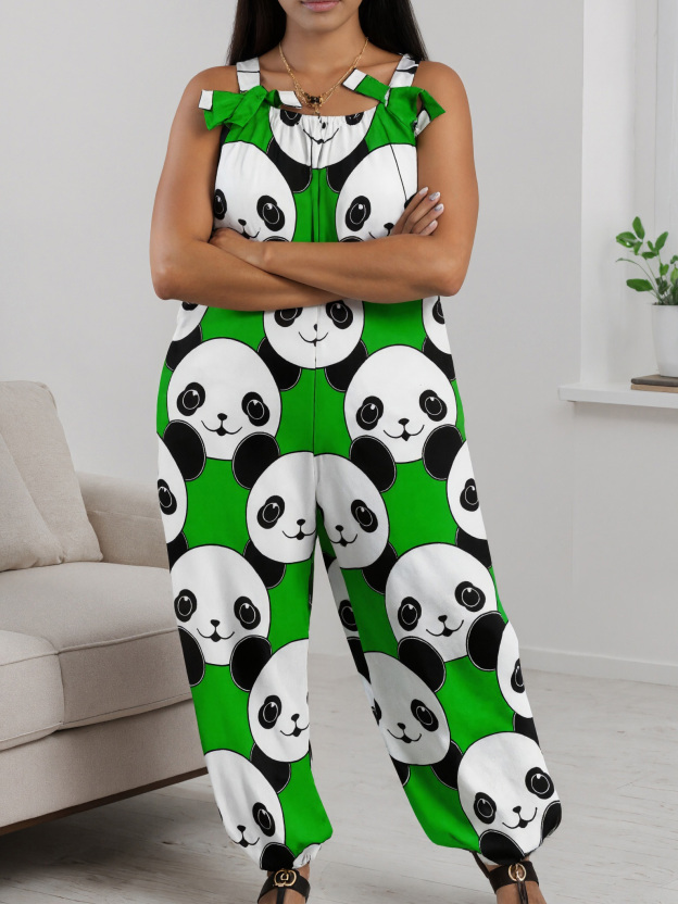 Women Kawaii Panda Bear Print Loose Fit Baggy Harem Overall Jumpsuit Tie Spaghetti Strap Casual Long Pants Rompers