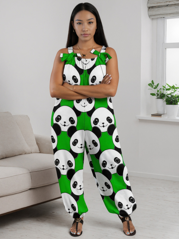 Women Kawaii Panda Bear Print Loose Fit Baggy Harem Overall Jumpsuit Tie Spaghetti Strap Casual Long Pants Rompers