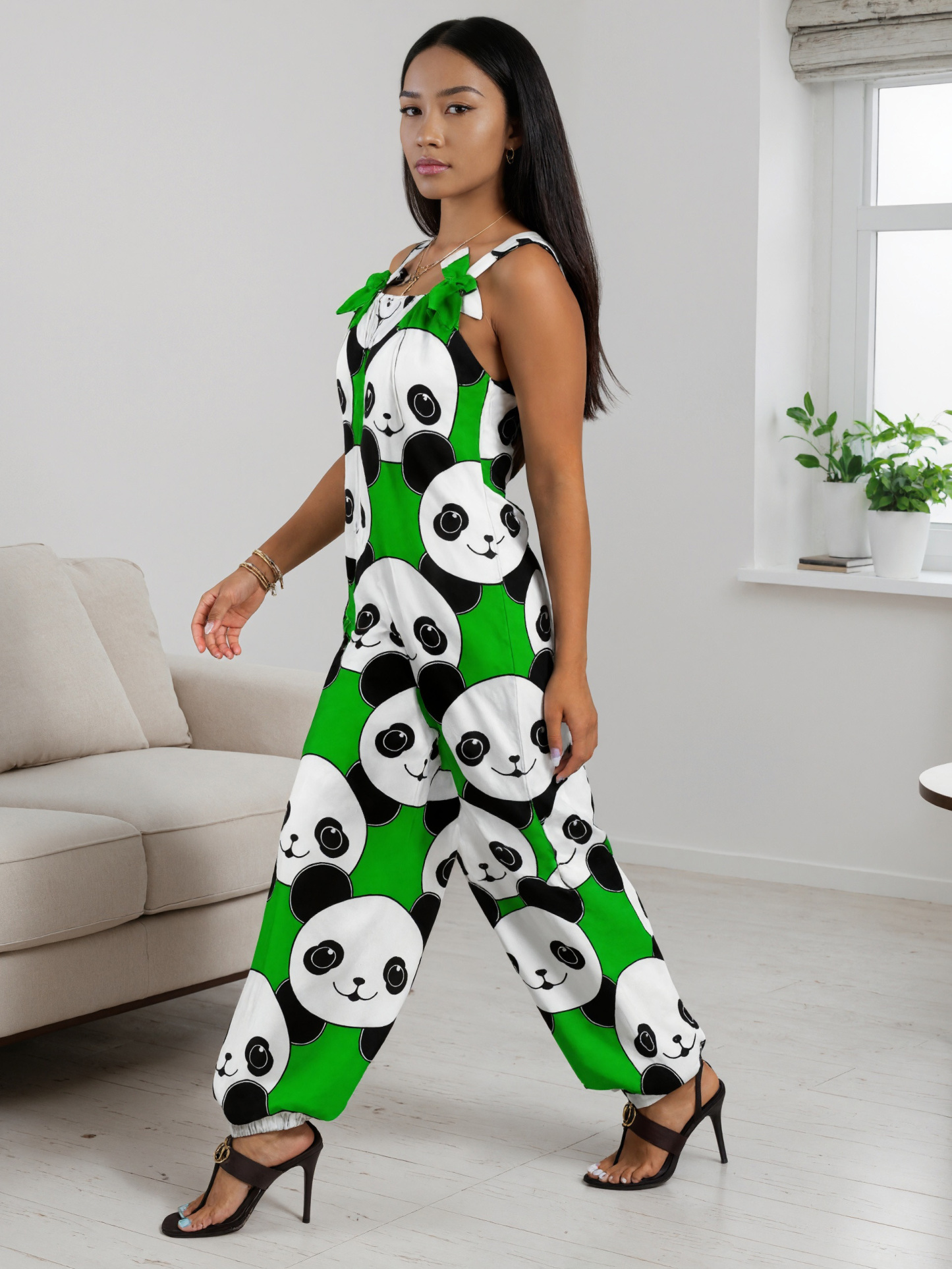 Women Kawaii Panda Bear Print Loose Fit Baggy Harem Overall Jumpsuit Tie Spaghetti Strap Casual Long Pants Rompers