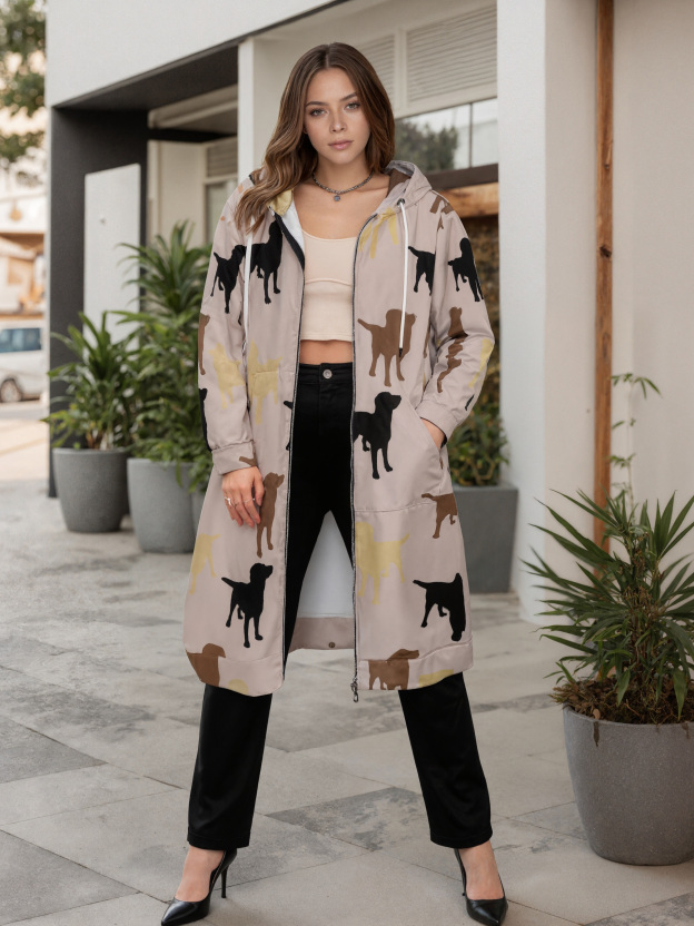 Labrador Retriever Dog Silhouette Zip Up Long Hoodie Jacket Women Tunic Sweatshirt Plus Size Open Front Cardigan Outfits