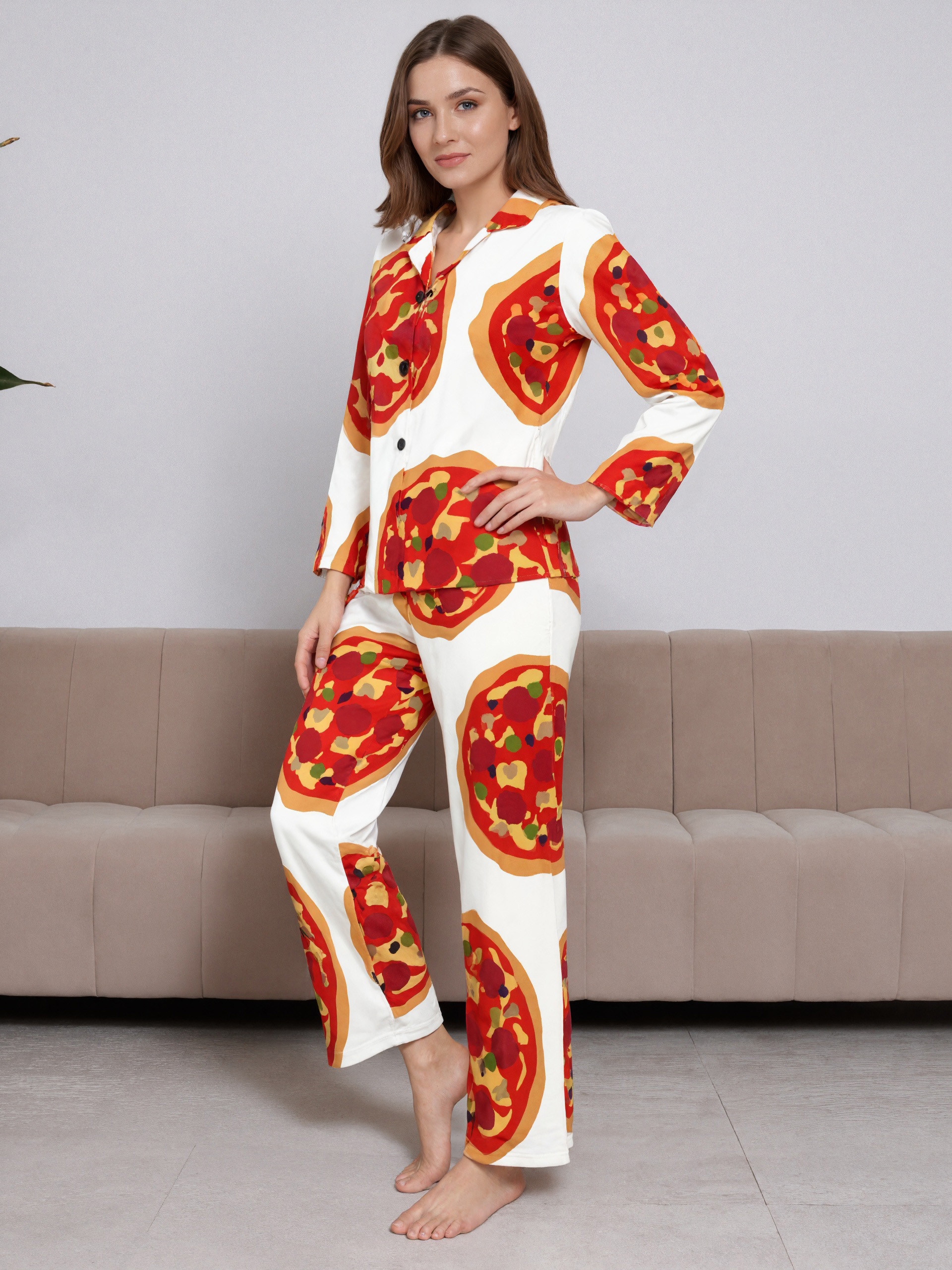 Italian Food Funny Pepperoni Pizza Women Long Sleeve Two Piece Sleepwear Soft Button Front Loungewear Pjs Set Nightwear