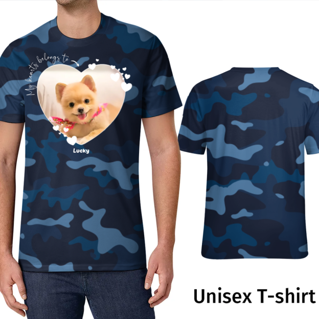 Tie Dye Rainbow Custom My Heart Belongs to Dog Lover T-Shirt Personalized Camouflage Pet Photo Tee