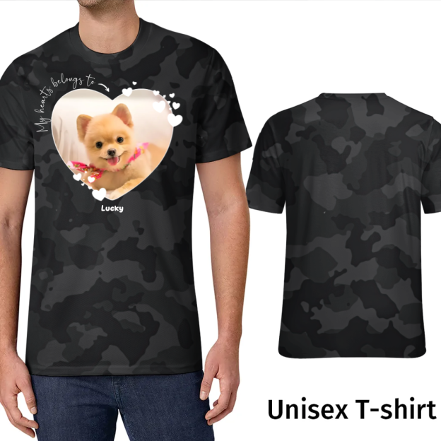 Tie Dye Rainbow Custom My Heart Belongs to Dog Lover T-Shirt Personalized Camouflage Pet Photo Tee