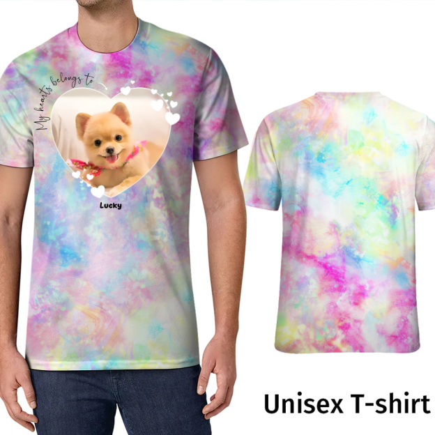 Tie Dye Rainbow Custom My Heart Belongs to Dog Lover T-Shirt Personalized Camouflage Pet Photo Tee