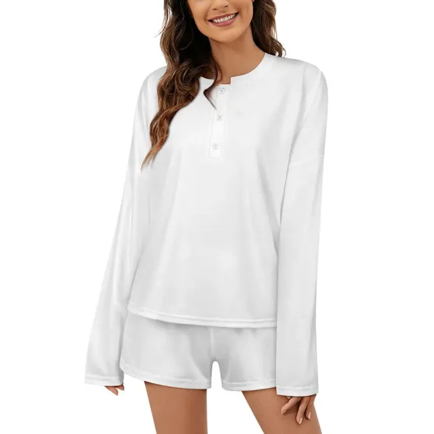 Create Your Own Custom Women Long Sleeve Tops and Shorts Pajama Sets Personalized Two Piece Sleepwear Plus Size Pj Sets