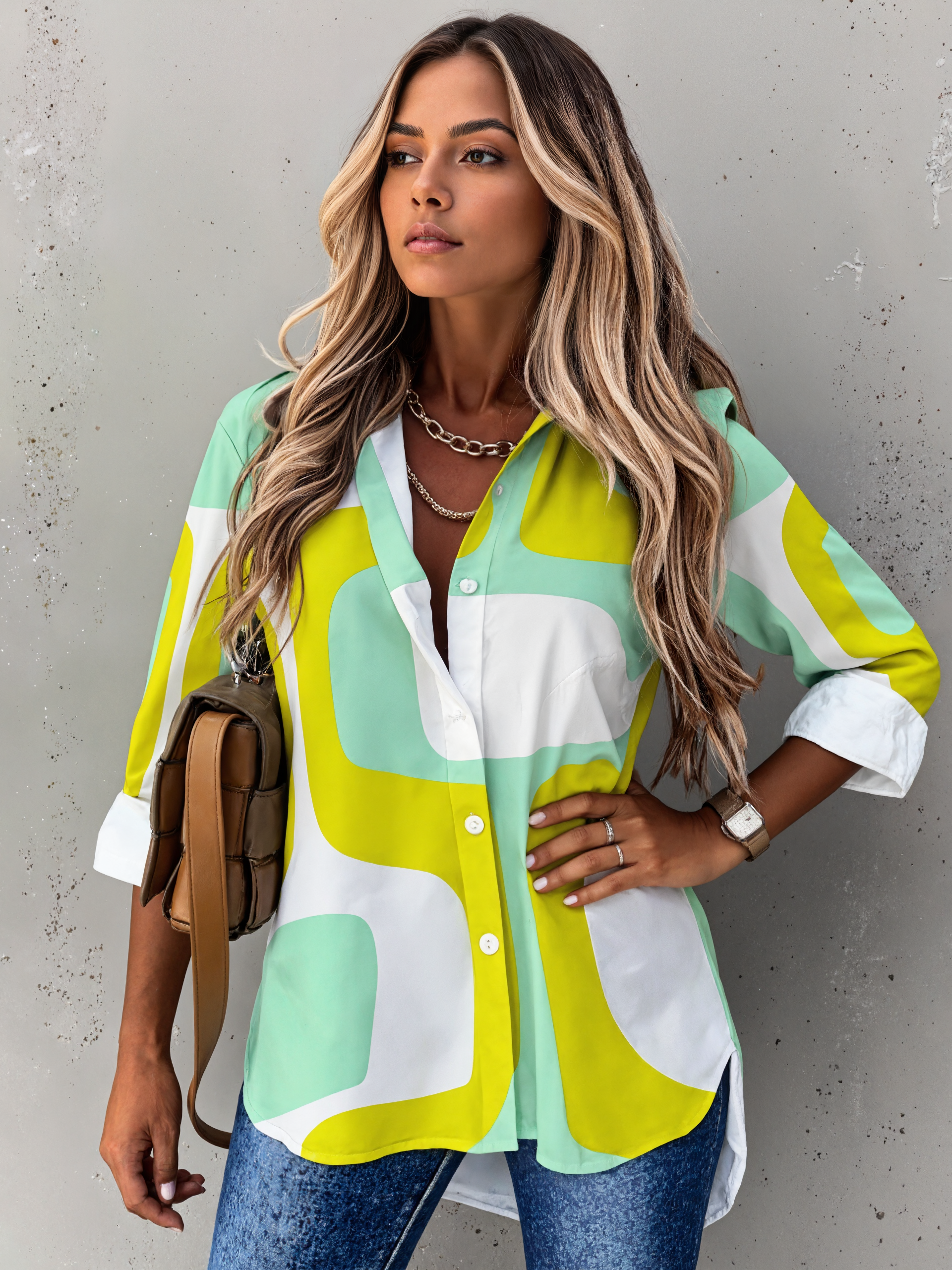 Mint And Chartreuse Mid Century Modern Button Down V Neck Shirts Long Sleeve Blouse Roll Up Cuffed Sleeve Casual Shirt Tops