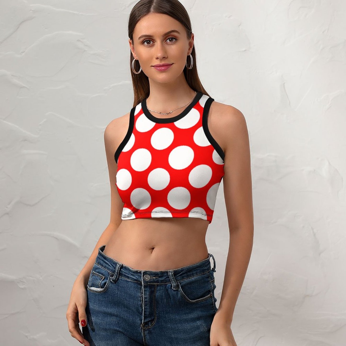 Summer Modern Bright Red White Polka Dots Women's Sexy Sleeveless Racer Back Tank Tops Halter Neck Crop Tops-Charlylifestyle