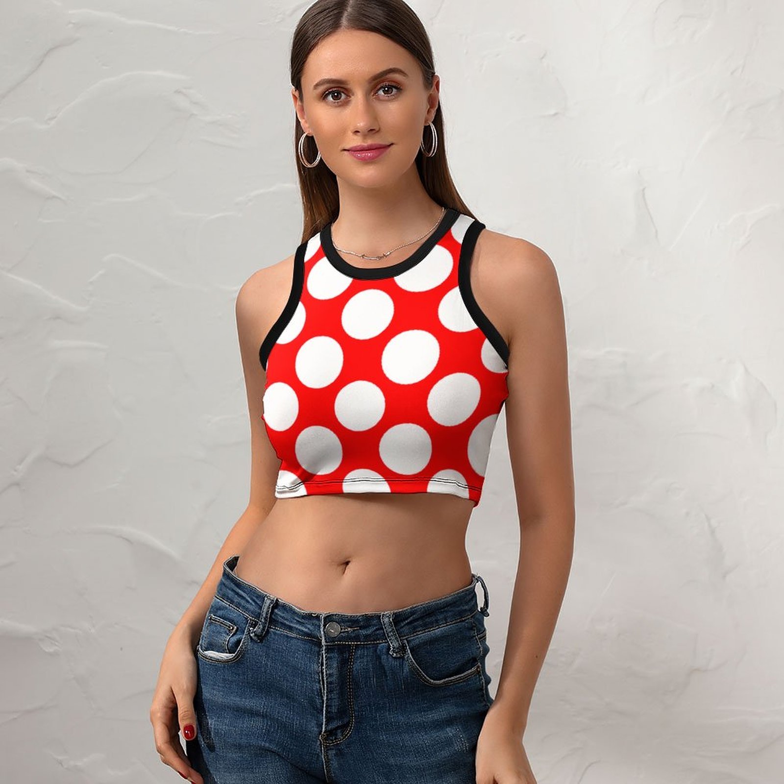 Summer Modern Bright Red White Polka Dots Women's Sexy Sleeveless Racer Back Tank Tops Halter Neck Crop Tops-Charlylifestyle
