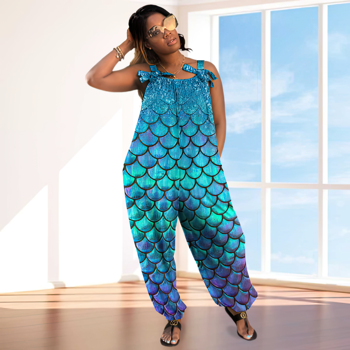 Personalized Mermaid Fish Scale Print Baggy Harem Overall Jumpsuit - C