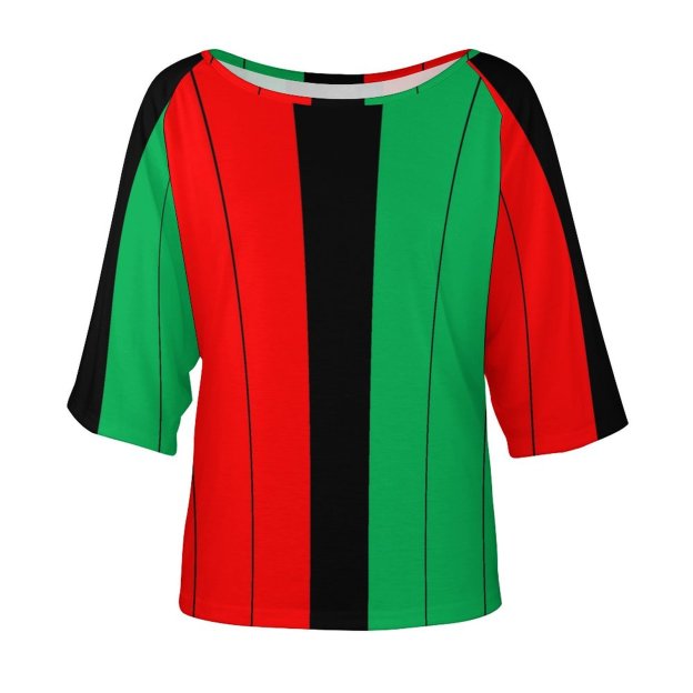 Kwanzaa Red Black Green Kinara Striped O Neck Batwing Half Sleeve Shirts Women Loose Street Blouse Print Tops-Charlylifestyle