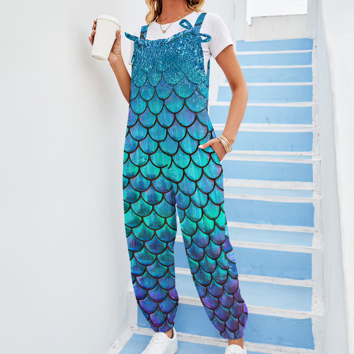 Personalized Mermaid Fish Scale Print Baggy Harem Overall Jumpsuit - Custom Casual Long Pants Rompers