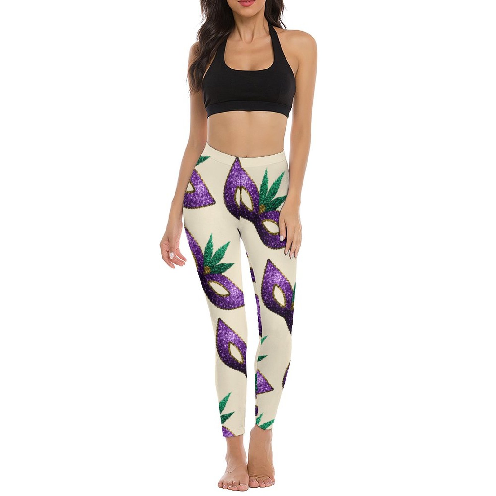 Mardi Gras Mask Purple Green Gold Sparkles Womens High Waist Workout Leggings Thin Fit Gym Yoga Pants
