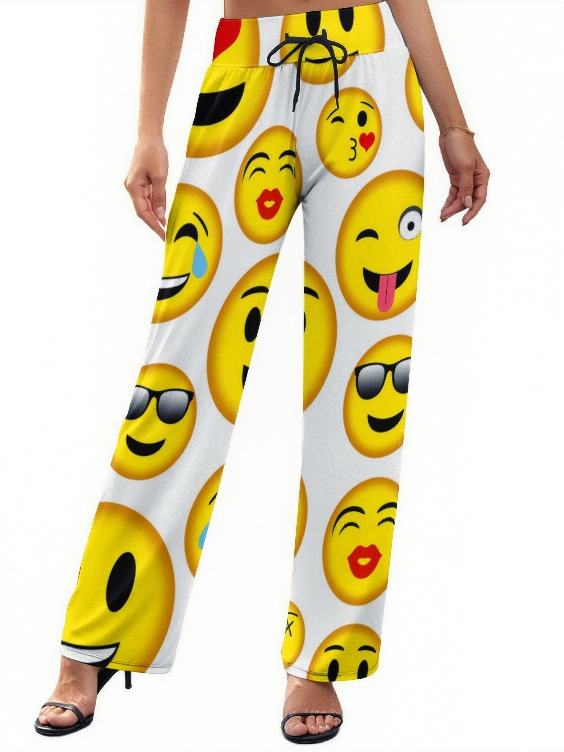 Funny Vintage Mixed Emoji Printed Women Casual Elastic Waist Wide Leg Pants Trousers