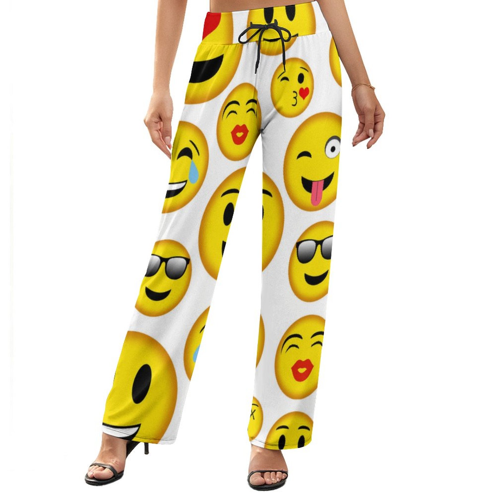 Funny Vintage Mixed Emoji Printed Women Casual Elastic Waist Wide Leg Pants Trousers-Charlylifestyle