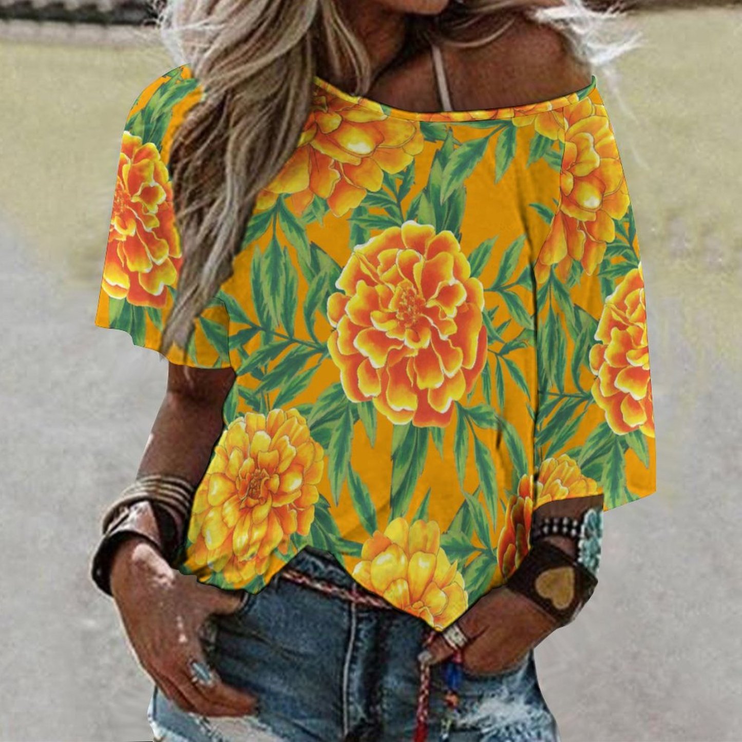 S-5XL Funny Vintage Marigold Flower O Neck Batwing Half Sleeve Shirts Women Loose Blouse Print Tops-Charlylifestyle