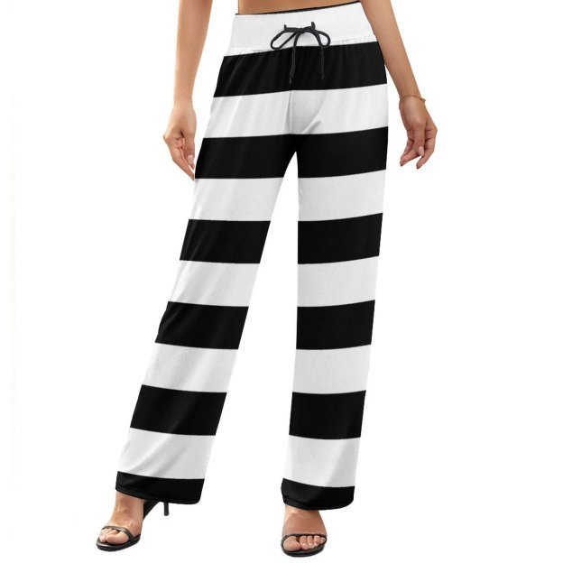 Summer Fall Funny Vintage Jail Stripes Women Casual Elastic Waist Wide Leg Pants Trousers-Charlylifestyle