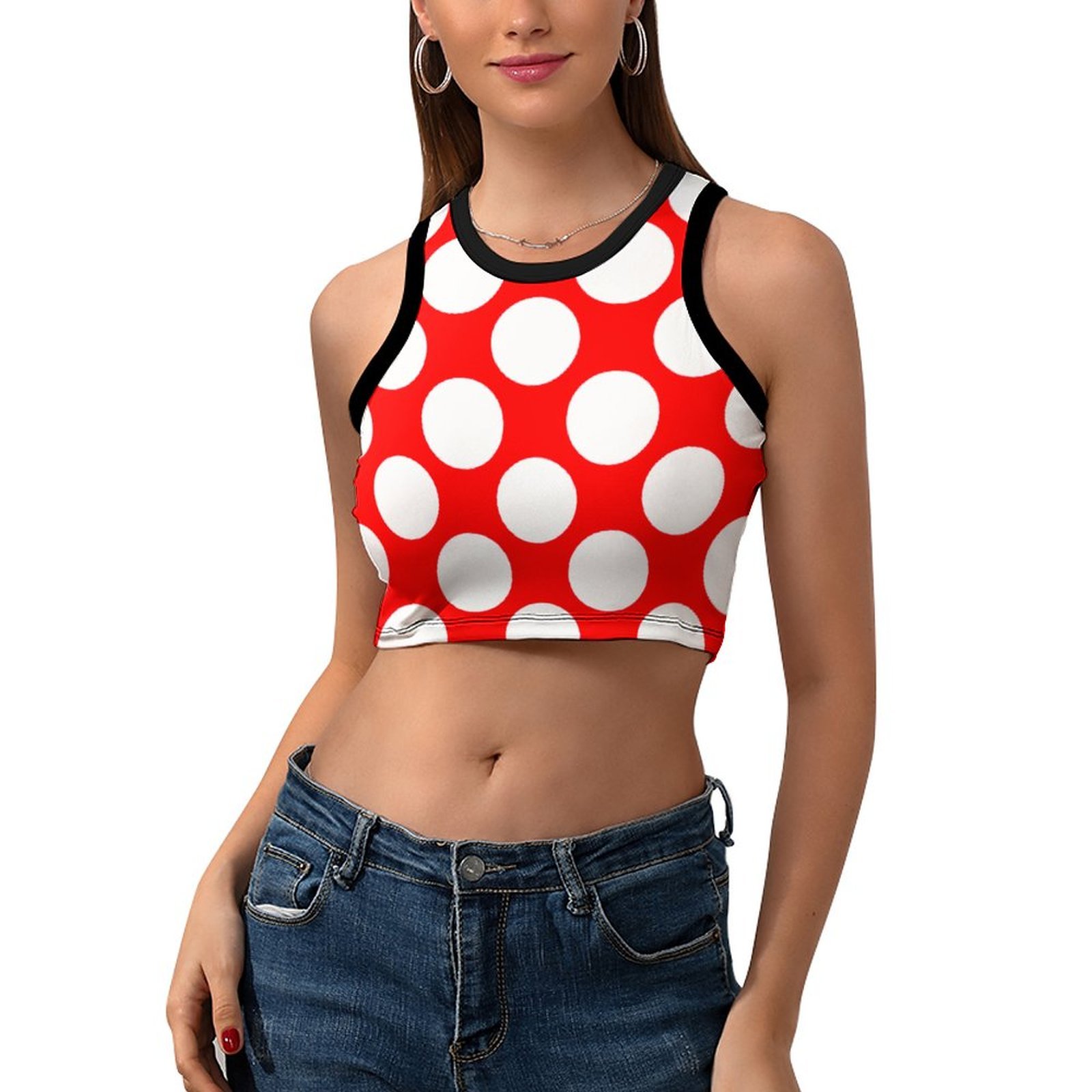 Summer Modern Bright Red White Polka Dots Women's Sexy Sleeveless Racer Back Tank Tops Halter Neck Crop Tops-Charlylifestyle