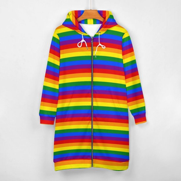 Lgbt Gay Pride Rainbow Flag Colors Stripes Zip Up Long Hoodie Jacket Women Tunic Sweatshirt Plus Size Open Front Cardigan Outfits