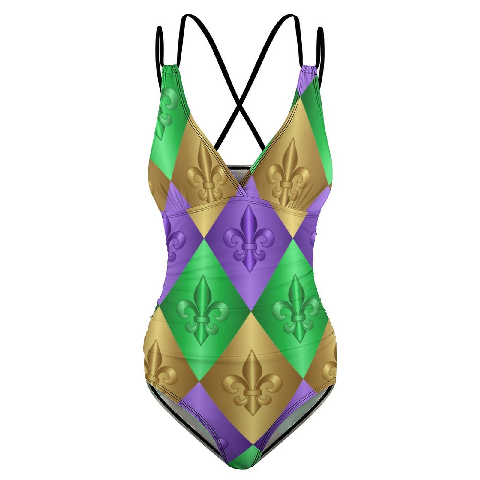 Mardi Gras Harlequin Fleur De Lis Halter Backless Ruched One-Piece Swimsuit Tummy Control V Neck Bathing Suits