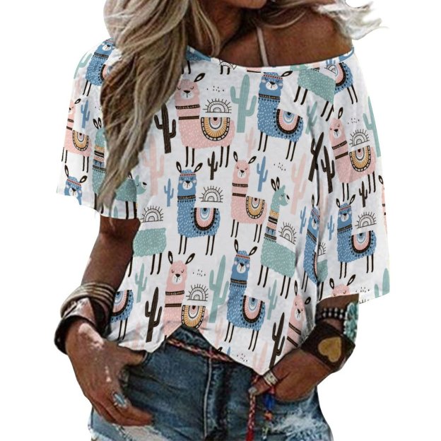 Funny Vintage Llama And Cactus 3/4 Bell Sleeve T-Shirt Elbow Length Basic Tunics Tops for Women-Charlylifestyle
