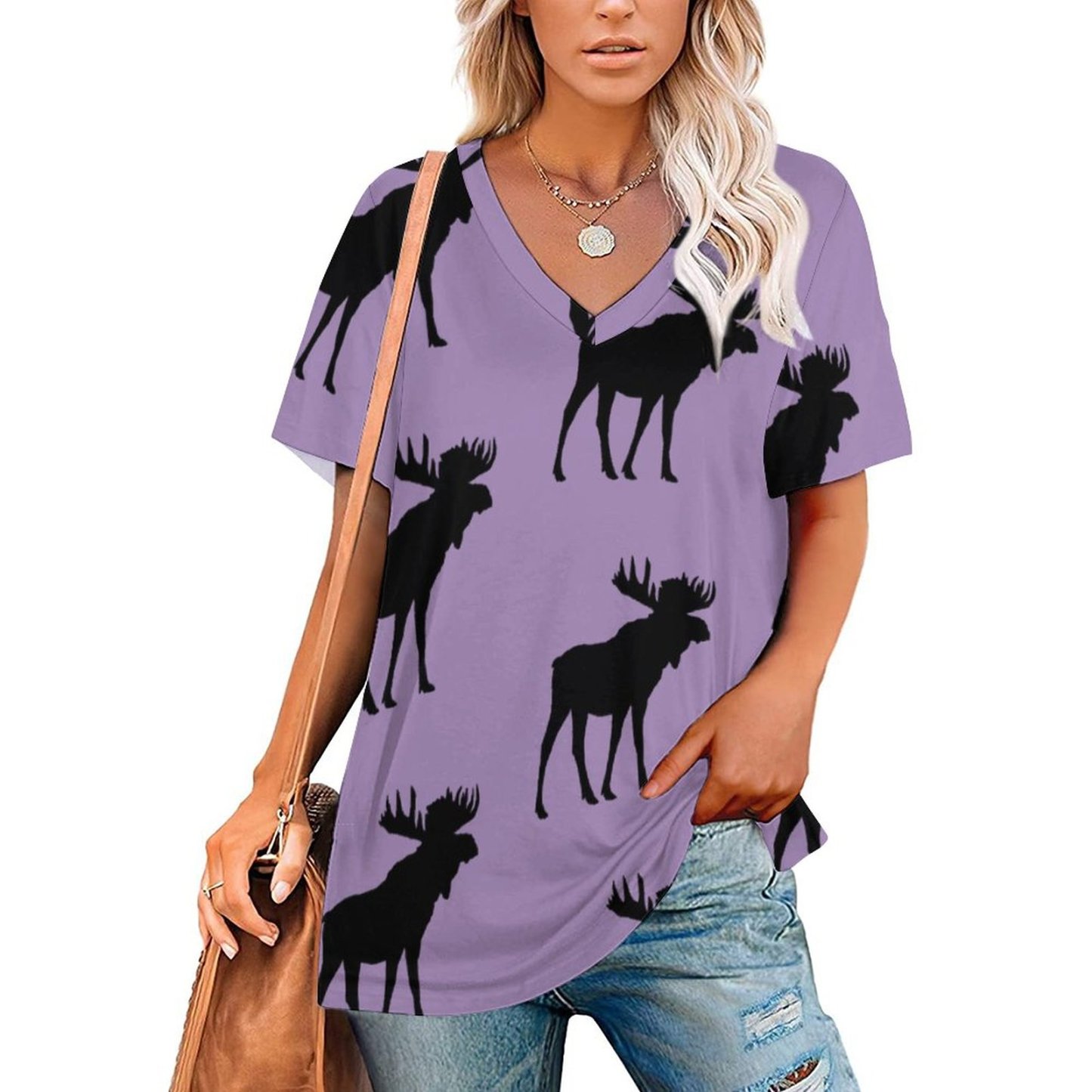 S-4XL Funny Vintage Moose Silhouette Womens Summer Casual T Shirts Boho Full Print Short Sleeve Loose Hippie Tunic Tops-Charlylifestyle